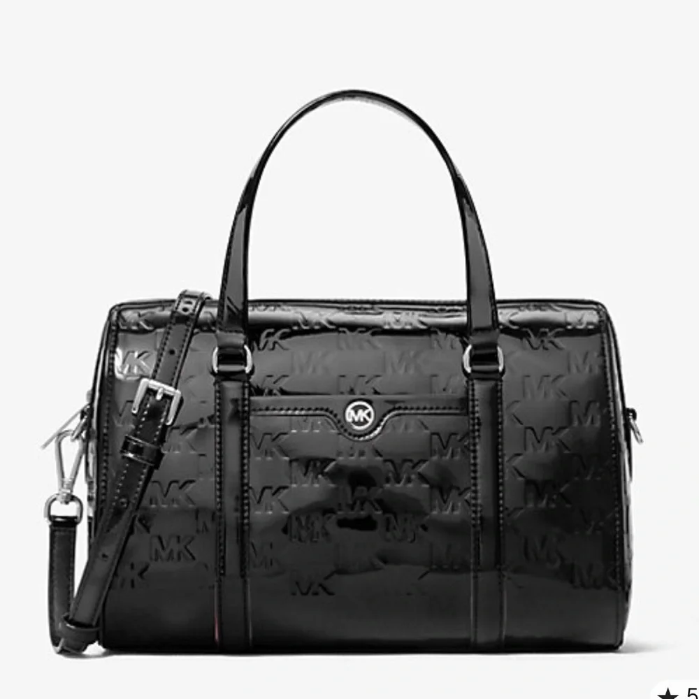 MICHAEL KORS Jet Set Md Patent Logo Debossed Duffle Crossbody Bag Duffel Silver